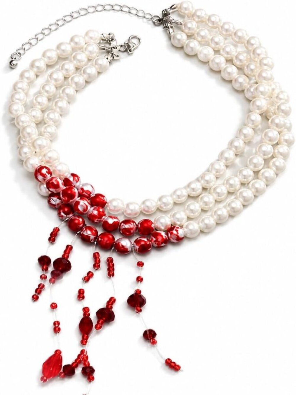 Women's White Pearls Choker Halloween Cosplay Blood Red Tassel Teardrop Necklace